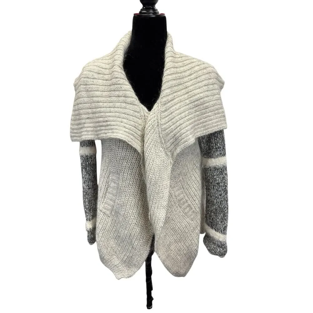 Yigal Azrouël Platinum Grey Striped Shawl Collar Open Cardigan Wool XS